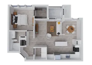 Inviting open-concept floor plan featuring a cozy bedroom, modern bathroom, spacious living area with stylish furniture, and a sleek kitchen with dining space.