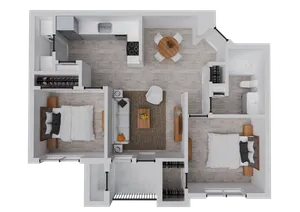 Modern 3D floor plan showcasing 2 cozy bedrooms, a stylish open kitchen, inviting living area, and elegant bathroom.
