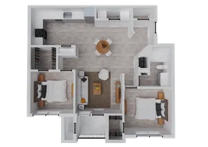 Modern floor plan featuring 2 spacious bedrooms, an open living and dining area, sleek kitchen, and a stylish bathroom.