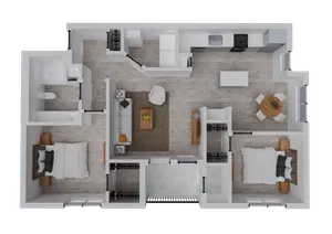 Modern 2D floor plan showcasing 2 cozy bedrooms, a spacious living room, sleek kitchen, and elegant bathroom.