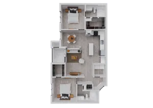 Contemporary 2D floor plan showcasing a stylish 2-bedroom layout with an open-concept living space, modern kitchen, and two elegant bathrooms.