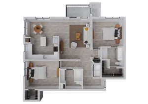 Contemporary floor plan showcasing 2 bedrooms, open-concept living room, modern kitchen, and cozy dining area.