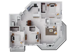 Elegant floor plan showcasing 3 bedrooms, open kitchen with island, spacious living area, and two modern bathrooms.
