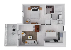 Elegant floor plan showcasing a cozy one-bedroom apartment with a spacious living room, modern kitchen, and private balcony.