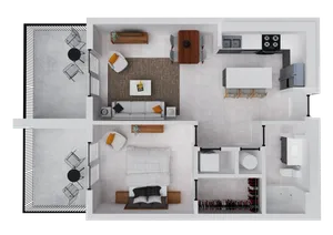 Modern apartment floor plan showcasing an open-concept living and dining area, chic kitchen with island seating, cozy bedroom, and stylish outdoor patio space.