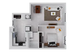 Modern 2D floor plan featuring a cozy one-bedroom layout with an elegant living area, compact kitchen, and stylish bathroom.