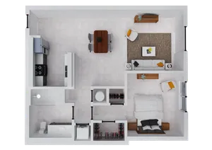Modern apartment floor plan with one bedroom, spacious open-concept living and dining area, and sleek kitchen design.