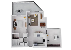Modern 1-bedroom open-concept floor plan with spacious living area, sleek kitchen, and cozy outdoor patio.
