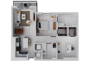 Modern 1-bedroom apartment floor plan with open-concept living and dining area, stylish kitchen, spacious bathroom, and private balcony.