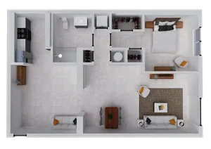 Modern 2D floor plan featuring a cozy 1-bedroom, inviting living area, and sleek kitchen with spacious closets.