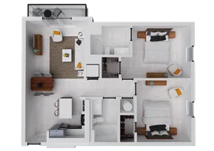 Modern floor plan featuring 2 spacious bedrooms, cozy living area, and an open kitchen, complete with balcony access for relaxation.