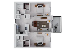 Elegant 2D floor plan displaying two spacious bedrooms, an open-plan living and dining area, and a modern kitchen, ideal for contemporary living.