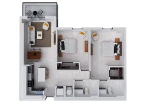 Modern 2D floor plan highlighting 2 spacious bedrooms, a cozy living room, elegant kitchen, and private balcony.