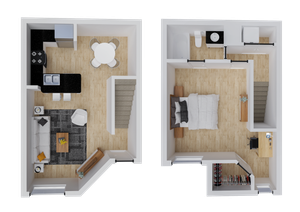 Modern duplex floor plan featuring an inviting open-concept kitchen and living room downstairs, with a cozy bedroom and home office upstairs.