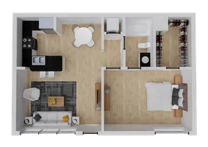 Contemporary 3D floor plan showcasing a spacious one-bedroom apartment with an open-concept kitchen, cozy living area, and modern bathroom.