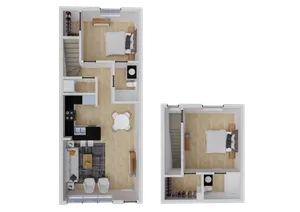 Modern two-story floor plan with two bedrooms, an open-concept living and dining area, and a sleek kitchen, perfect for stylish living.