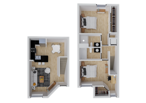 Contemporary 2D floor plan featuring two cozy bedrooms, a modern kitchen, elegant living area, and a spacious bathroom, ideal for stylish and comfortable living.