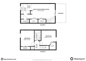 2 bedroom, 1.5 bath floor plan at Collier Village Apartments in Collierville, TN