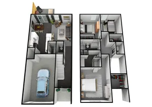 3D floor plan showcasing 2-story townhouse with garage, open-concept living area, 3 bedrooms, and modern kitchen.