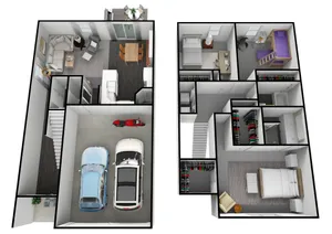 Spacious two-story floor plan featuring a cozy living area, modern kitchen, and two-car garage on the first level; upstairs includes three bedrooms, a stylish office space, and ample closet storage.