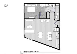 Chic floor plan for Unit 202 featuring 1 bedroom, a spacious open-plan living area, modern kitchen, and elegant bathroom layout.