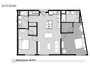 Bright floor plan of Blue Room featuring 2 bedrooms, modern kitchen, and inviting living area in Type A layout.
