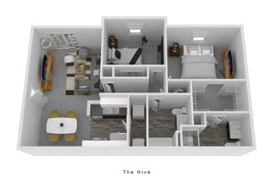 Charming 3D floor plan of \'The Hive\' featuring two bedrooms, a cozy living area with stylish furniture, modern kitchen, and two elegant bathrooms.