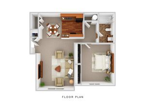 Modern floor plan showcasing an open living and dining area, sleek kitchen, spacious bedroom, and elegant bathroom.