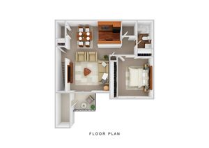 Contemporary 2D floor plan showcasing a cozy one-bedroom layout, spacious living area, stylish dining space, and modern kitchen with a tranquil balcony.