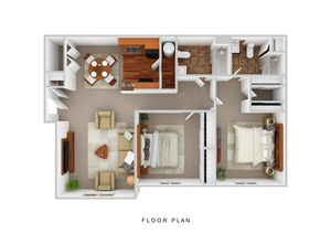 Inviting 3D floor plan showcasing 2 cozy bedrooms, open living area, stylish kitchen with wood flooring, and two well-appointed bathrooms.