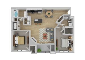 Modern 3D floor plan with two spacious bedrooms, open-concept kitchen with island, cozy living room, and inviting balcony space.