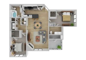 Modern 3D floor plan with 2 bedrooms, open-concept kitchen, bright living room, and 2 sleek bathrooms. Perfect blend of space and functionality.