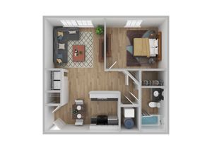 Contemporary 3D floor plan showcasing cozy bedroom, stylish living area, modern kitchen, and elegant bathroom.