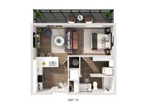 Chic studio floor plan featuring an open living area, modern kitchen, cozy bedroom space, and private balcony.
