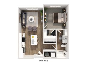 Modern 1-bedroom apartment floor plan with open-concept kitchen and living area, stylish bathroom, and elegant furnishings.