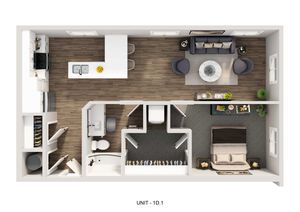 Modern apartment floor plan featuring a spacious one-bedroom, open-concept kitchen with island seating, cozy living area, and stylish bathroom with ample storage.