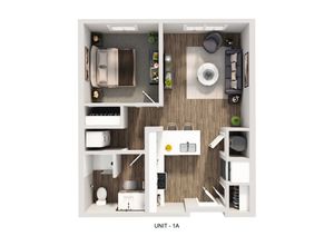 Modern 1-bedroom apartment floor plan featuring an open living area, sleek kitchen, and cozy bedroom with en-suite bathroom.