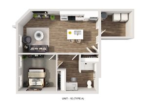 Modern 1-bedroom floor plan, showcasing an open-concept living area with a sleek kitchen, cozy living room, spacious bathroom, and in-unit laundry for ultimate convenience.