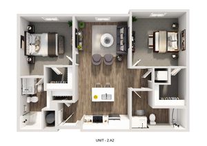 Chic 2D floor plan showcasing 2 spacious bedrooms, elegant open-concept living room, and modern kitchen with island seating in Unit 2.A2.