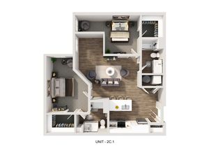 Modern floor plan showcasing a spacious 2-bedroom unit with an open-concept living area, sleek kitchen, and elegant bathrooms.