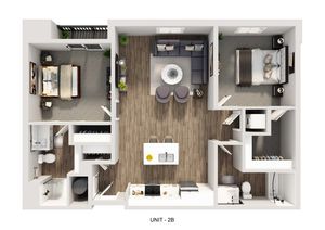 Modern 3D floor plan of Unit 2B showcasing 2 bedrooms, elegant open living area, and sleek kitchen with island seating.