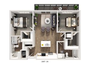 Inviting floor plan of Unit 2A showcasing two cozy bedrooms, modern kitchen, stylish open-concept living area, and private balcony for relaxation.