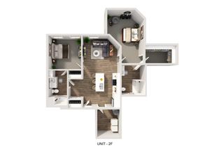 Modern 2D floor plan of Unit 2F featuring two cozy bedrooms, an elegant open-concept living and dining area, and a sleek kitchen.