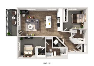 Modern 3D floor plan of Unit 2E featuring 2 spacious bedrooms, a stylish open-concept living area, a contemporary kitchen with island seating, and a private balcony.