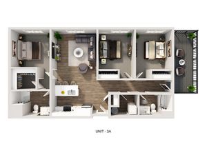 Modern floor plan for Unit 3A featuring 3 bedrooms, a spacious open-concept living area, sleek kitchen with an island, and an inviting balcony.