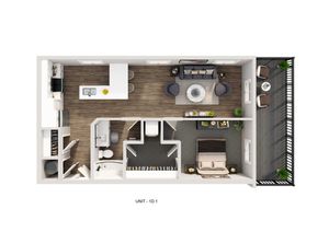 Modern floor plan showcasing a chic 1-bedroom unit with an open-concept kitchen and living area, elegant bathroom, and expansive balcony.
