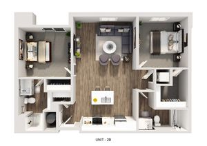 Elegant 3D floor plan for Unit 2B showcasing 2 bedrooms, a modern kitchen, and an inviting open-concept living area with stylish furnishings.