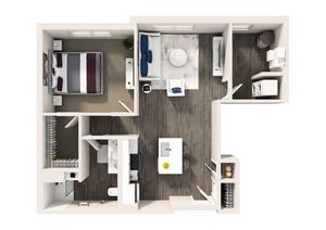 Chic apartment floor plan with a cozy bedroom, open-concept living and dining area, sleek kitchen, modern bathroom, and convenient laundry space.