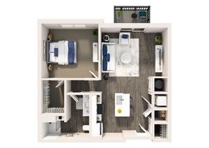 Modern 2D apartment floor plan showcasing a cozy bedroom, stylish open living area, a chic kitchen with island, and a small balcony.