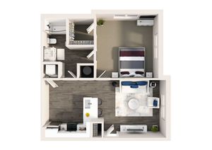 Chic 3D floor plan with a modern open-concept living area, spacious bedroom, and stylish kitchen. Features include a sleek bathroom and cozy living space, ideal for contemporary urban living.